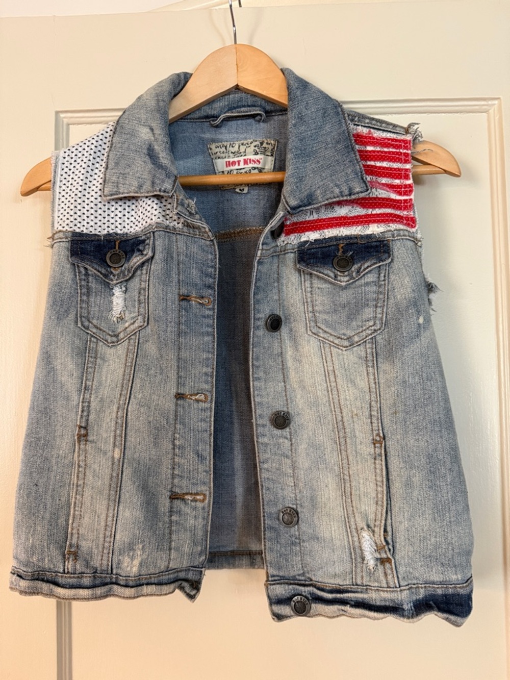 Hot Kiss Distressed Denim Vest with Red and Navy Flag Accents